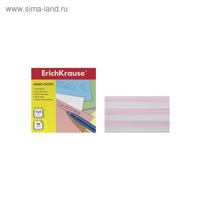 Блок бумаги для записей ErichKrause, 9 x 9 x 5 cм, плотность 80 г/м2, люкс, белый/розовый