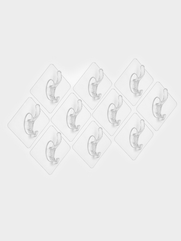 Крючки самоклеящиеся настенные прозрачные, с двойным крюком, 5,6х5,6 см, 10 шт