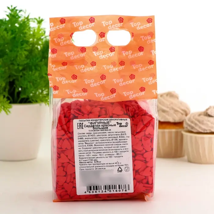 Кондитерская посыпка Top decor, &laquo;Сердечки&raquo;, красные, большие, 750 г