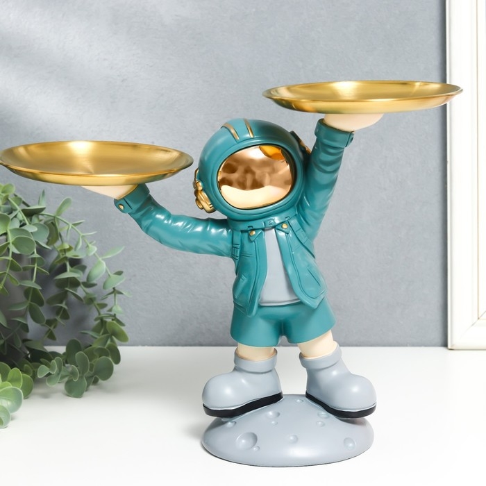 Сувенир полистоун подставка  Сувенир полистоун подставка "Космонавт в бирюзовом с двумя блюдами" 14х26,5х32 см