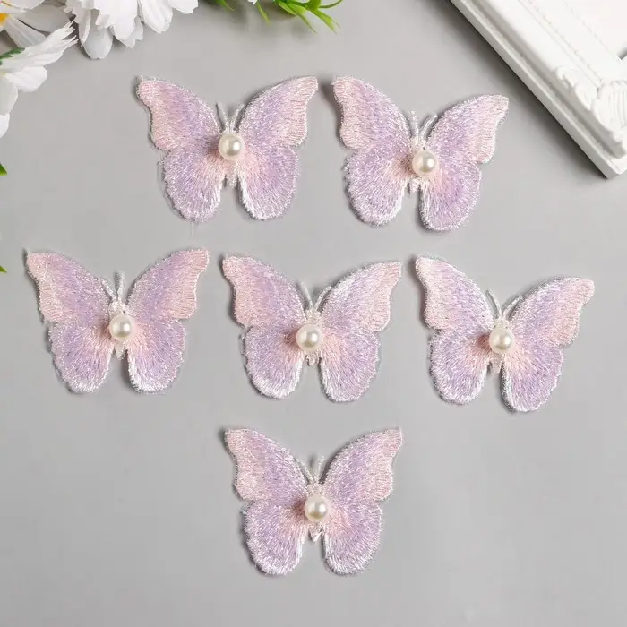 Декор для творчества текстиль вышивка Декор для творчества текстиль вышивка "Бабочка розово-сиреневая" двойные крылья 5х6,3 см