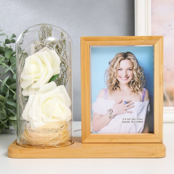 Фоторамка дерево 9х13 см с подсветкой "Белые розы в колбе" USB 9,5х21х17,5 см