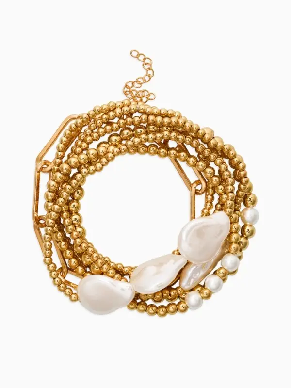 Браслет жемчуг "Барочный с цепями" (набор 7шт) , цвет белый в золоте