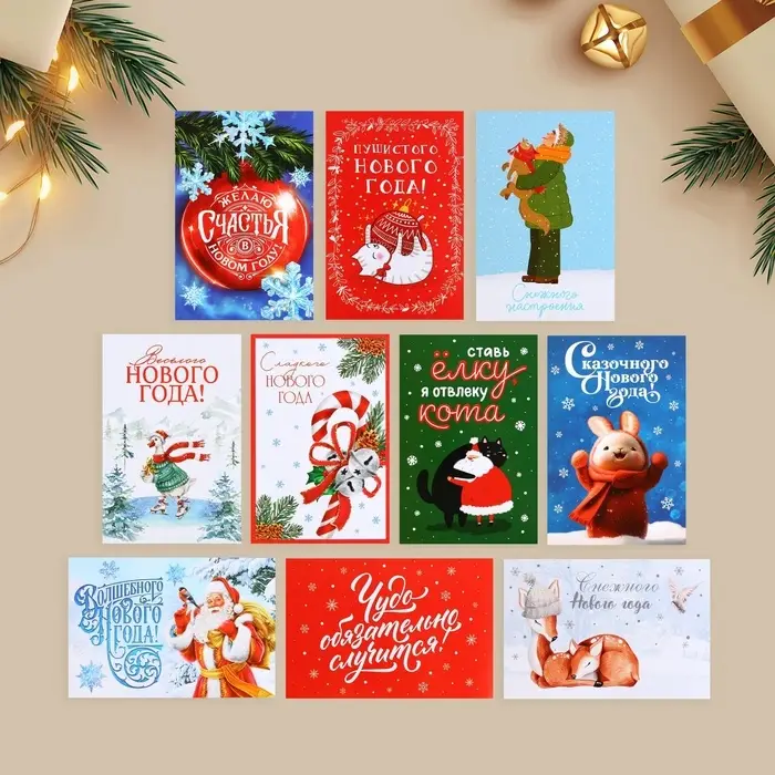 Набор почтовых карточек «Счастливый Новый год», 10 штук, 10×15 см Набор почтовых карточек «Счастливый Новый год», 10 штук, 10×15 см