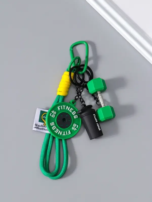 Брелок резина, текстиль с карабином "Гантеля, диск и бутылка" зелёный 14,5х4,5х2,2 см