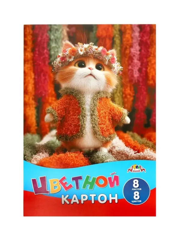 Картон цветной А4 &laquo;Милый котёнок&raquo;, 8 листов, 8 цветов, 200 г/м&sup2;, немелованный, в папке