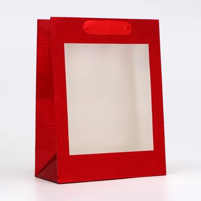 Пакет подарочный, фольгированный, упаковка, с окном, &laquo;Красный&raquo;, S 23.5&times;18&times;8.5 см