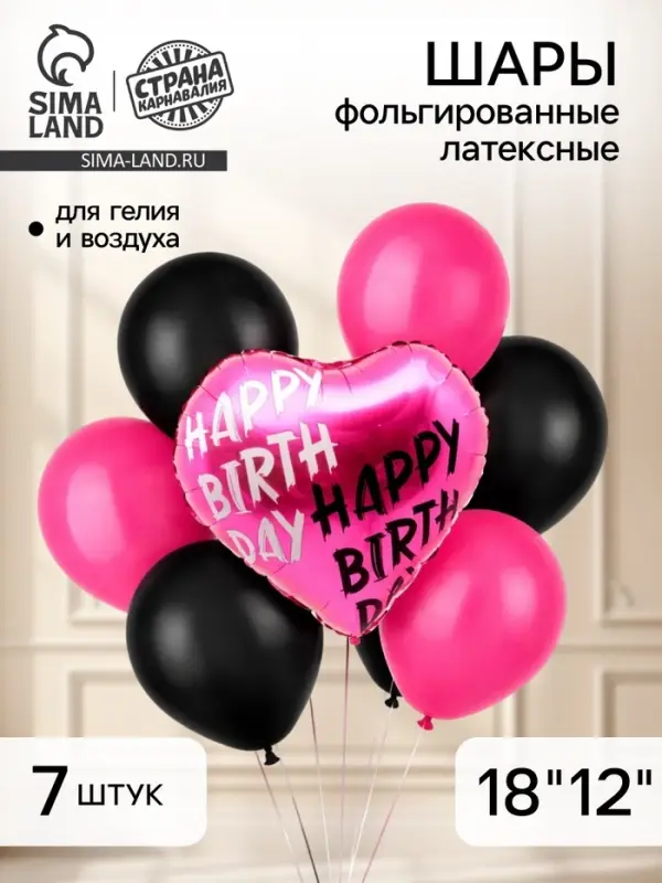 Воздушные шары фольгированные и латексные Happy birthday, набор 7 шт.