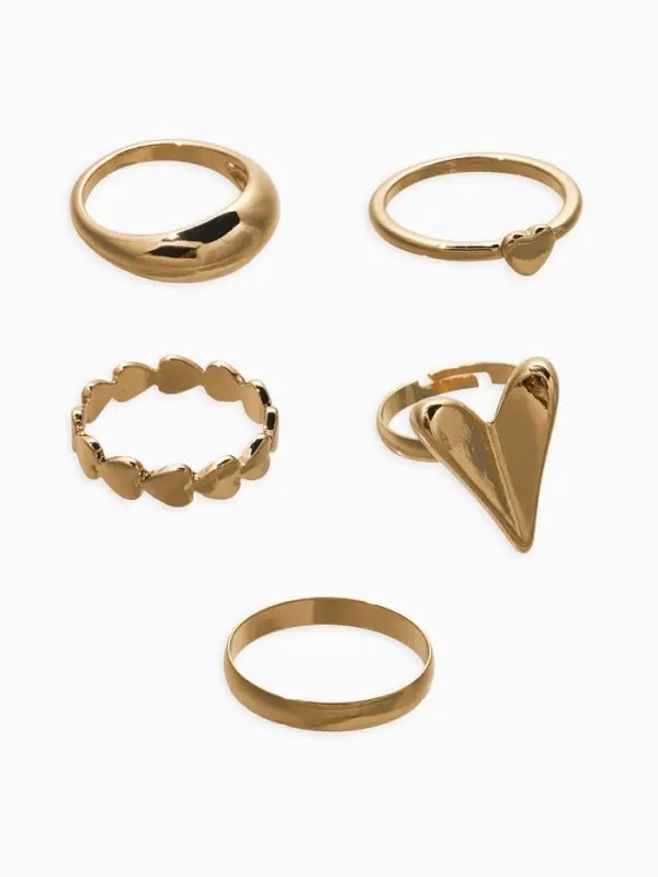 Набор колец 5 шт "Новый стиль" сердечки, размер МИКС, цвет золото