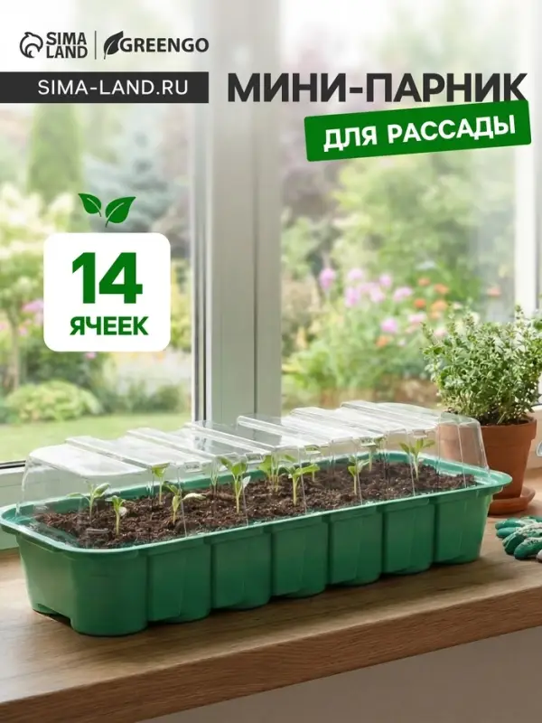 Мини - парник для рассады, 35&times;13&times;11 см, 14 ячеек под таблетки для рассады d=4 см, пластик, Greengo