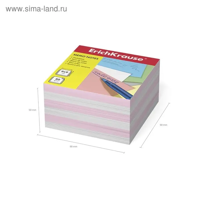 Блок бумаги для записей ErichKrause, 9 x 9 x 5 cм, плотность 80 г/м2, люкс, белый/розовый
