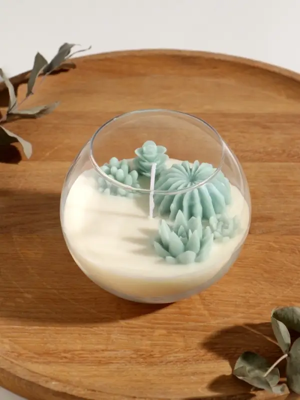 Свеча ароматическая в подсвечнике "Суккуленты" 1 фитиль аромат белый чай 11х11х10 см