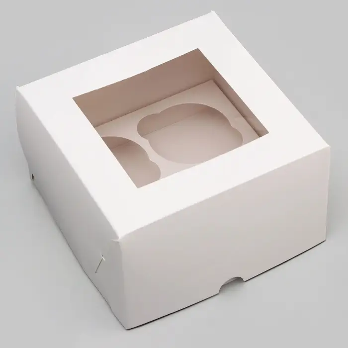 Коробка для 4 капкейка с окном, белая, 16×16×10 см