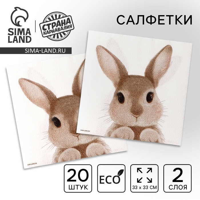 Салфетки бумажные однослойные «Кролик», 33 х 33 см, набор 20 штук Салфетки бумажные однослойные «Кролик», 33 х 33 см, набор 20 штук