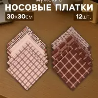 Платки носовые мужские &laquo;Этель&raquo;, 30&times;30 см, набор 12 шт., 100% хлопок, коричневые, рисунок МИКС
