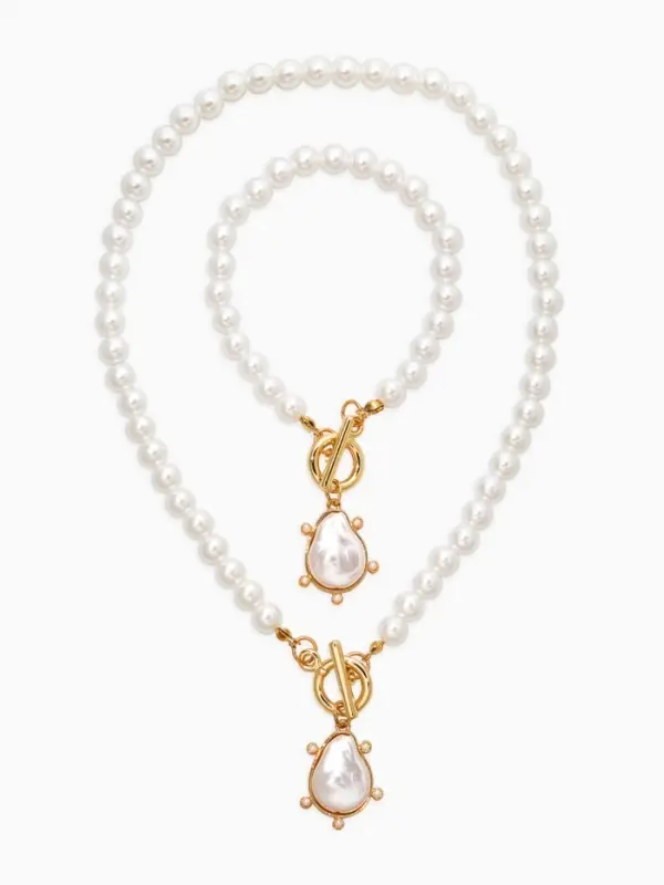 Набор 2 пред-а: колье,браслет "Жемчуг с подвеской барочной" 18/42 №8, цвет белый в золоте