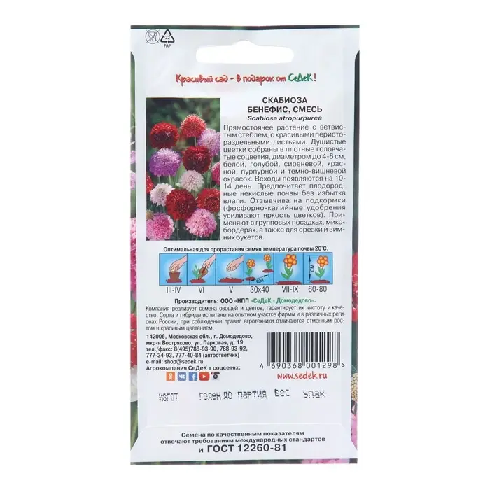Семена цветов Скабиоза "Бенефис", Евро, 0,3 г