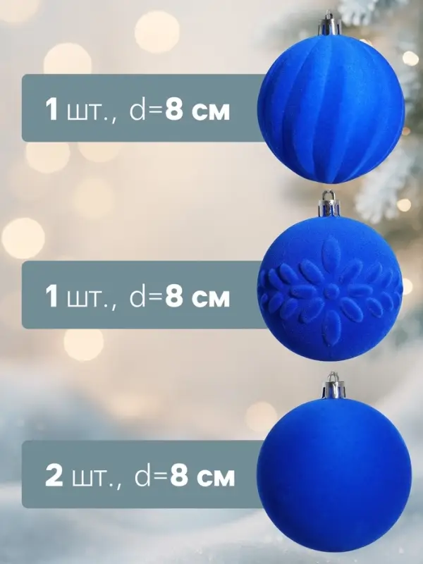 Ёлочные шары &laquo;Бархатный зной&raquo;, d=8 см, набор 4 шт., синие