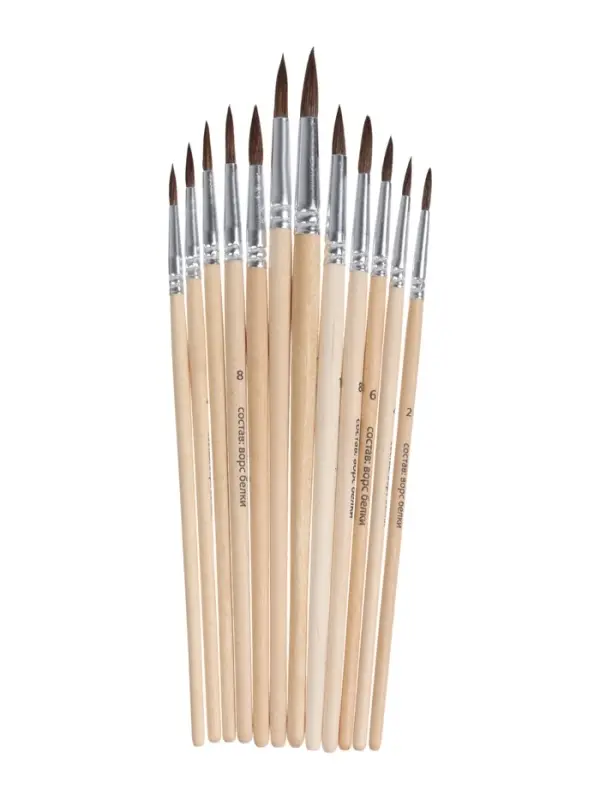 Набор кистей для рисования, белка, 12 штук: № 1, 2, 3, 4, 5, 6, 7, 8, 9, 10, 11, 12, круглые, деревянная ручка, международный размер