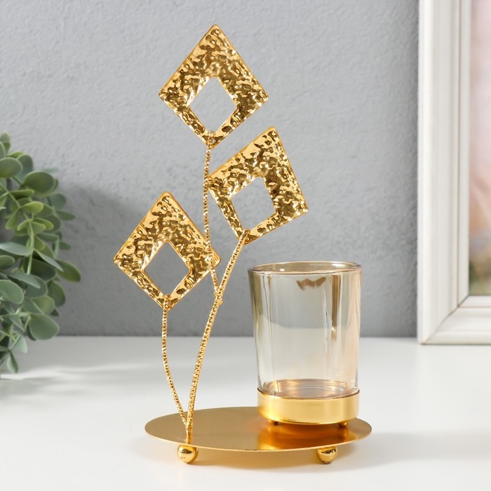 Подсвечник металл, стекло на 1 свечу  Подсвечник металл, стекло на 1 свечу "Листья-ромбики" d=4,7 см, золото 13х8х20,5 см