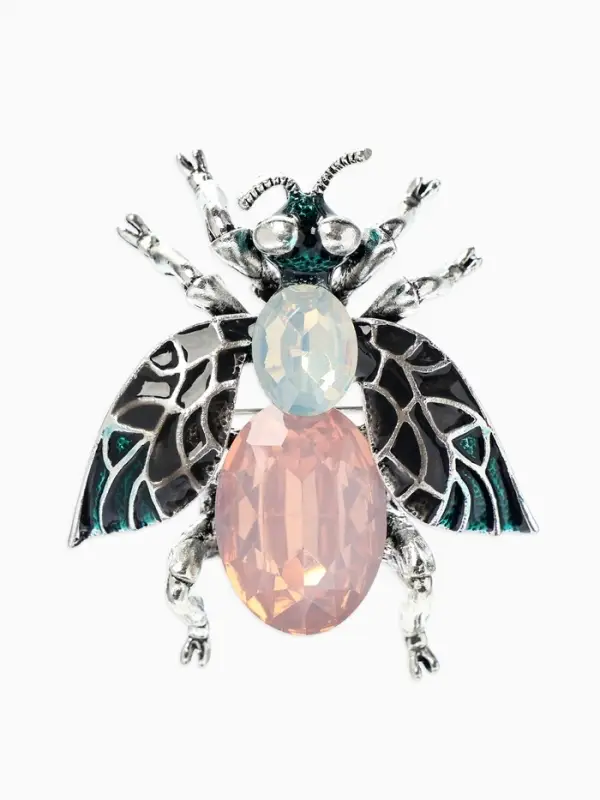 Брошь &laquo;Муха", резные крылья, цвет зелёно-розовый в черёном серебре