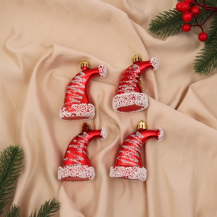 Украшение ёлочное Украшение ёлочное "Новогодний колпачок" (набор 4 шт) 8х4,5 см, красно-белый