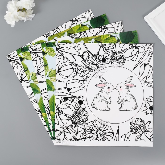 Бумага для скрапбукинга двусторонняя Бумага для скрапбукинга двусторонняя "Зайчики и цыплёнок" плотность 180 гр набор 5 шт 30,5х32 см 1