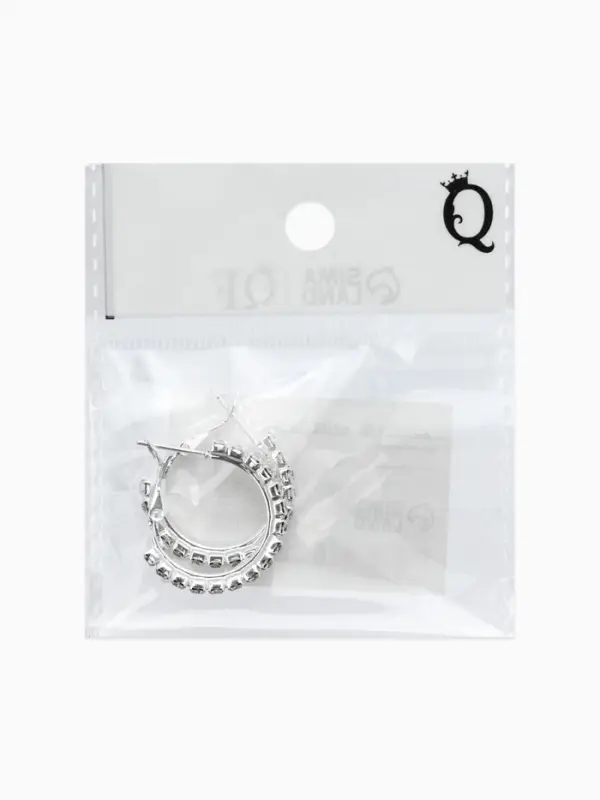 Серьги-кольца со стразами d=2.5 см, белые в серебре