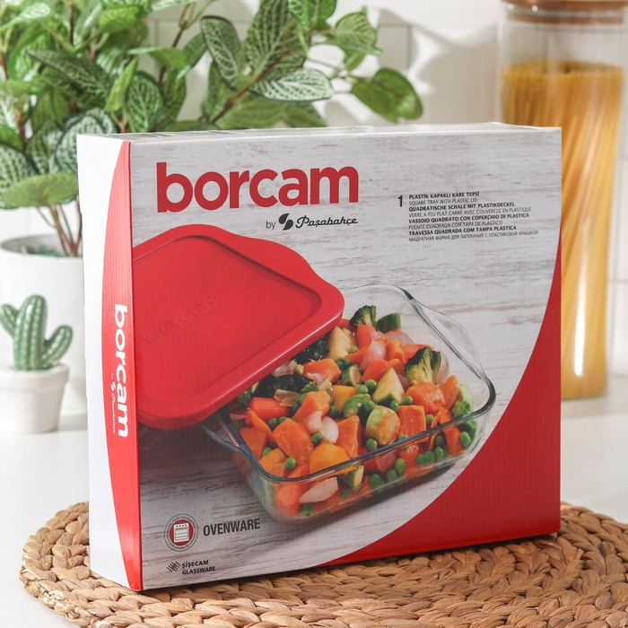 Лоток из жаропрочного стекла с крышкой Borcam, 2 л, 22×22 см, квадратный Лоток из жаропрочного стекла с крышкой Borcam, 2 л, 22×22 см, квадратный