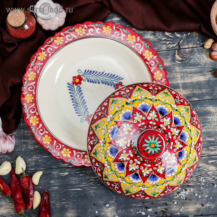 Блинница Риштанская Керамика  Блинница Риштанская Керамика "Цветы", 32 см, красный