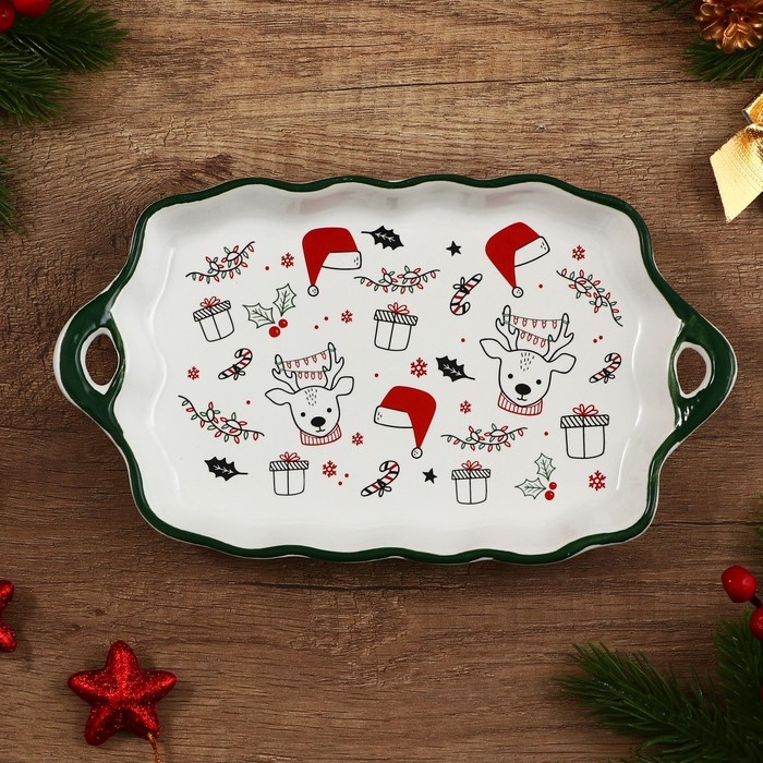 Новый год! Блюдо керамическое «Новогодние олени», 23х13х2.5 см, цвет белый