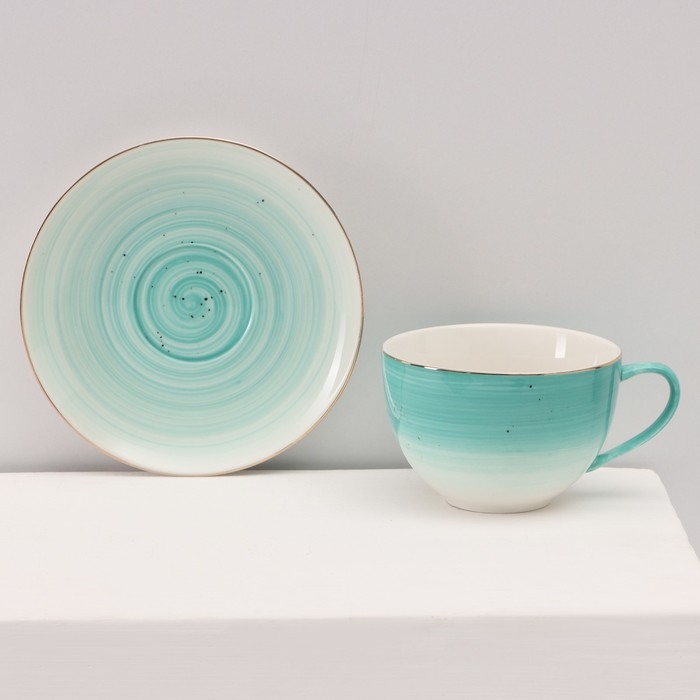 Сервиз фарфоровый чайный Доляна «Млечный путь», 15 предметов: 6 чашек 220 мл, 6 блюдец d=13,5 см, молочник 300 мл, сахарница 350 мл, чайник 1000 мл, цвет бирюзовый