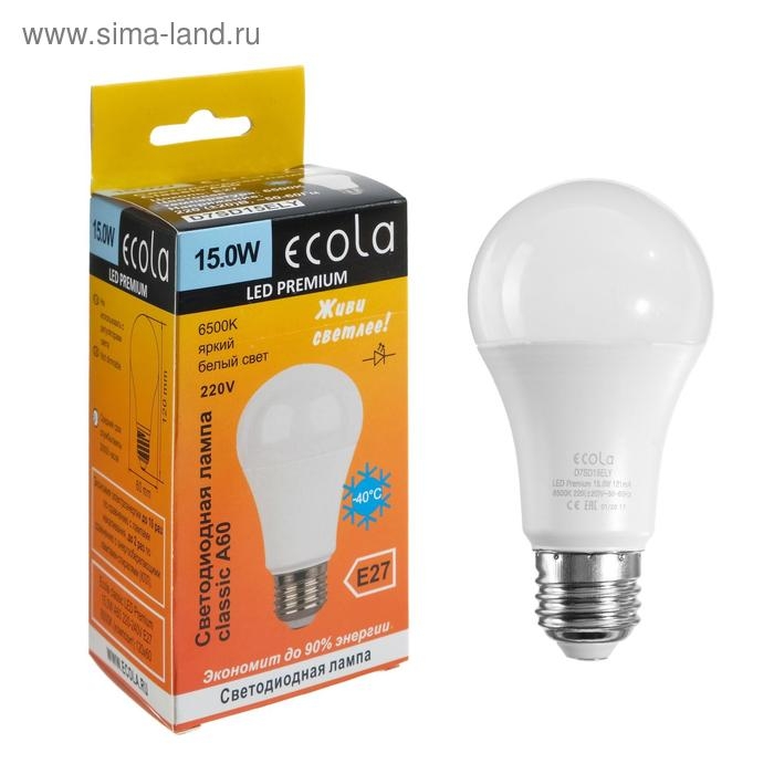 Лампа светодиодная Ecola classic Premium, Е27, А60, 15 Вт, 6500 К, 120х60 мм Лампа светодиодная Ecola classic Premium, Е27, А60, 15 Вт, 6500 К, 120х60 мм