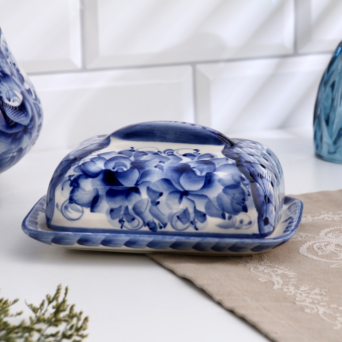 Маслёнка Маслёнка "Цветы", прямоугольная, 8 х 17 см, гжель