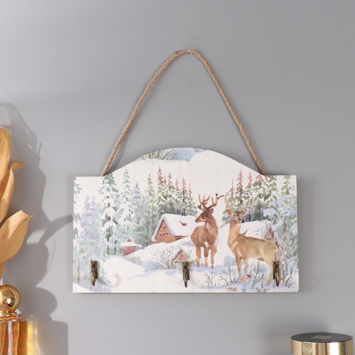 Крючки декоративные дерево Крючки декоративные дерево "Олени у заснеженного домика" 23х15 см