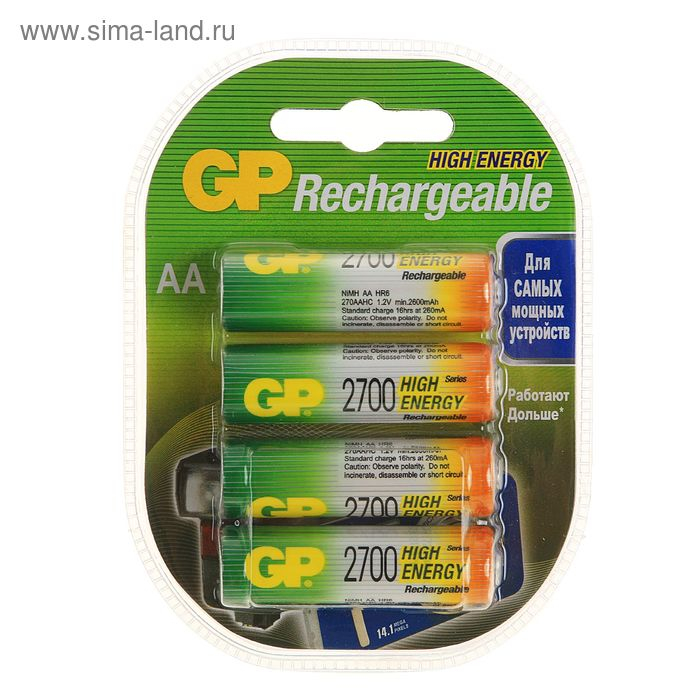 Аккумулятор GP, Ni-Mh, AA, HR6-4BL, 1.2В, 2700 мАч, блистер, 4 шт. Аккумулятор GP, Ni-Mh, AA, HR6-4BL, 1.2В, 2700 мАч, блистер, 4 шт.