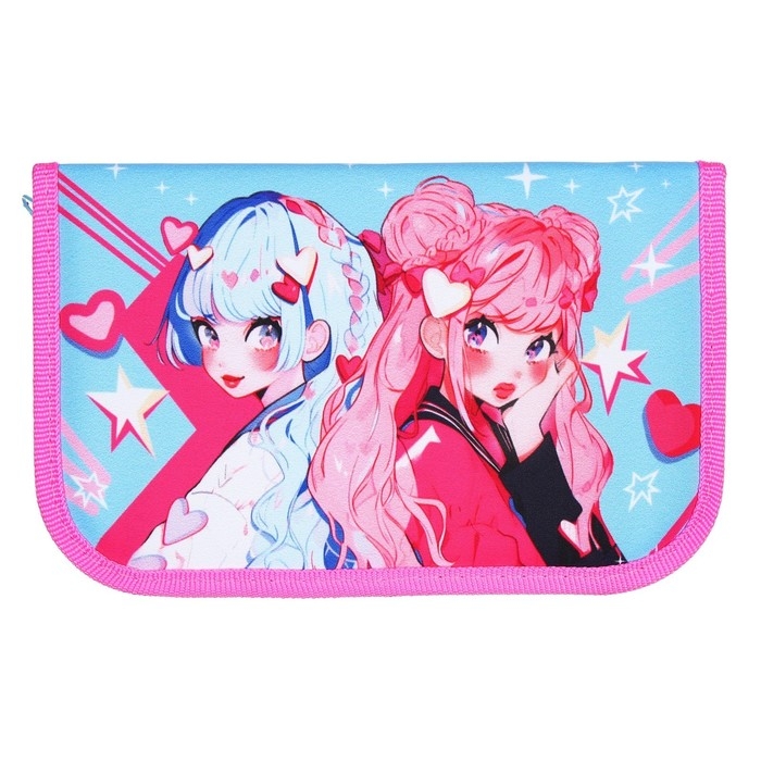 Пенал 1 секция, 130 х 210 х 40 мм, 2 откидные планки, тканевый, Calligrata TOP, Content  Пенал 1 секция, 130 х 210 х 40 мм, 2 откидные планки, тканевый, Calligrata TOP, Content "Аниме подружки"