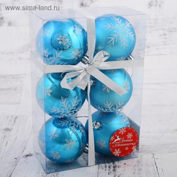 Набор шаров пластик d-7 см, 6 шт Набор шаров пластик d-7 см, 6 шт "Снегопад" голубой
