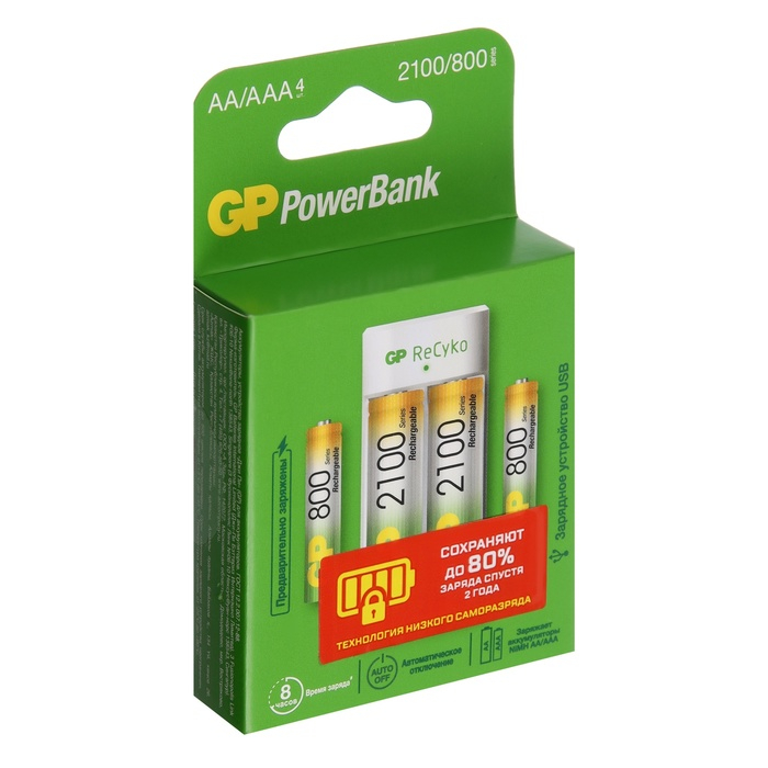 Зарядное устройство GP E211 + 4 аккумулятора AA/AAA 2100/800 мАч, белое Зарядное устройство GP E211 + 4 аккумулятора AA/AAA 2100/800 мАч, белое