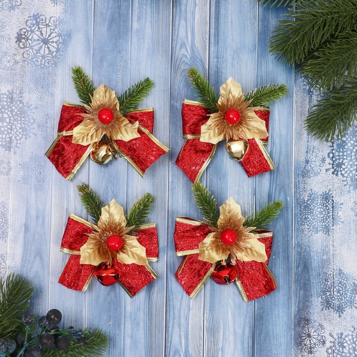 Украшение ёлочное Украшение ёлочное "Зимнее чудо" (набор 4 шт) бантик блеск цветок, 10х8 см, красный