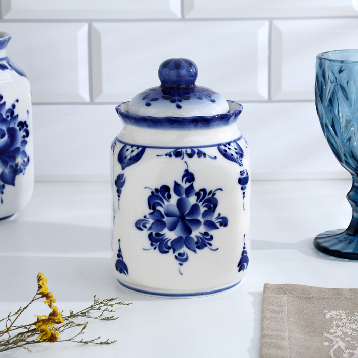 Банка для сып.продуктов Банка для сып.продуктов "КАСКАД", 16,5см, V-0,95л, авт.Шибаев С.,гжель