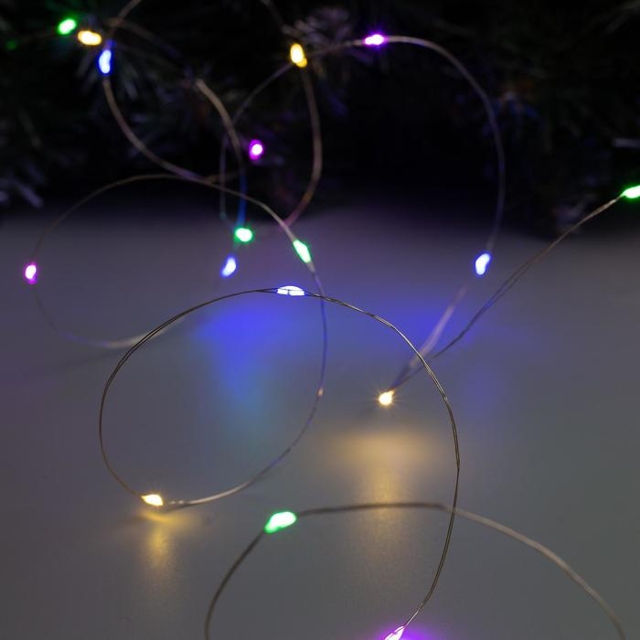 Гирлянда «Нить» 2 м роса, IP20, серебристая нить, 20 LED, батарейки CR2032х2 (в комплекте), свечение мульти Гирлянда «Нить» 2 м роса, IP20, серебристая нить, 20 LED, батарейки CR2032х2 (в комплекте), свечение мульти