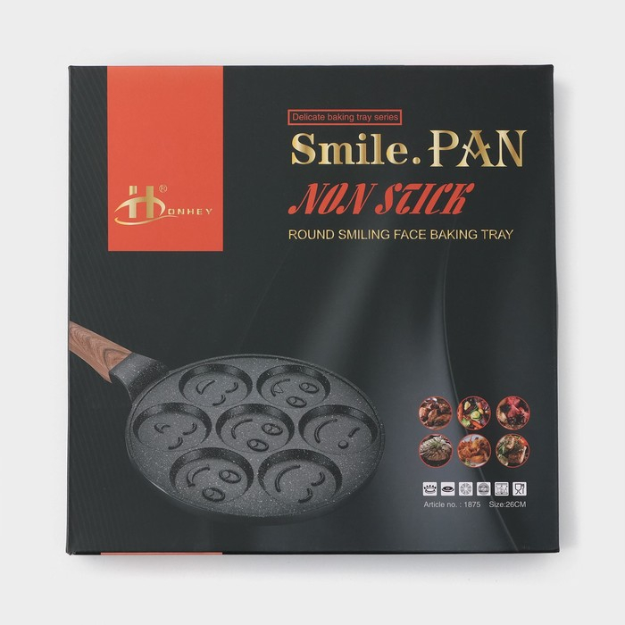 Сковорода-оладница литая Доляна «Смайлы», d=26 см, ручка soft-touch, цвет чёрный Сковорода-оладница литая Доляна «Смайлы», d=26 см, ручка soft-touch, цвет чёрный