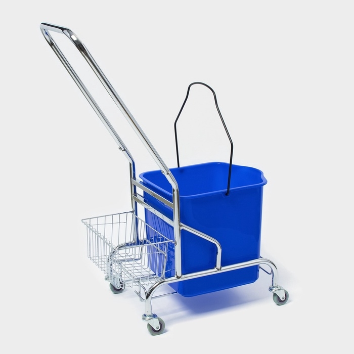Тележка уборочная одноведерная с вертикальным и сеткой, синее ведро 25 л, хромированная рама