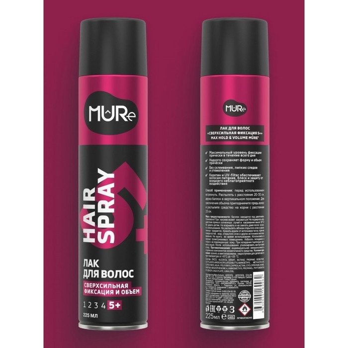 Лак для волос MURE Сверхсильная фиксация 5+ , 225 мл Лак для волос MURE Сверхсильная фиксация 5+ , 225 мл