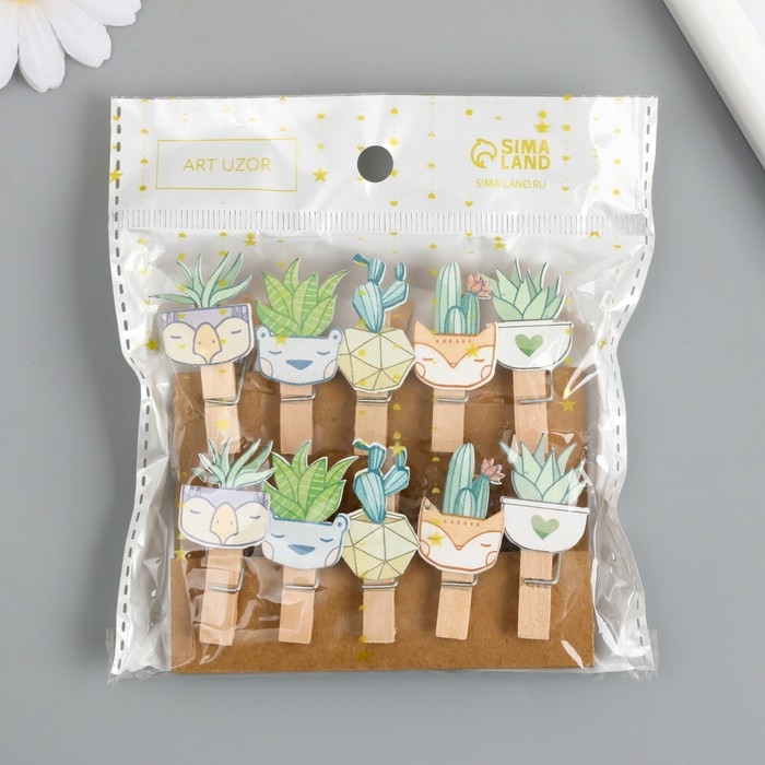 Декор для творчества дерево Декор для творчества дерево "Прищепка. Растения в горшочках" набор 10 шт 4х2х1,2 см