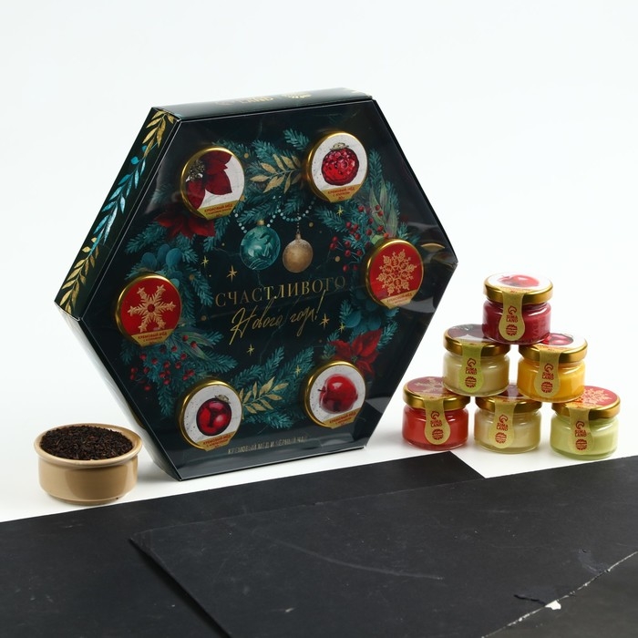 Подарочный набор «Счастливого Нового года»: чай чёрный 50 г., крем-мёд (6 шт. x 30 г) Подарочный набор «Счастливого Нового года»: чай чёрный 50 г., крем-мёд (6 шт. x 30 г)