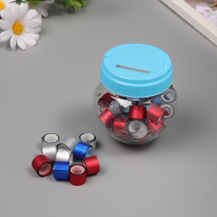 Клейкая лента пластик в банке  Клейкая лента пластик в банке "Глори. Триколор" н-р 40 шт 1,2 см, дл.0,9 м 7х7х9 см