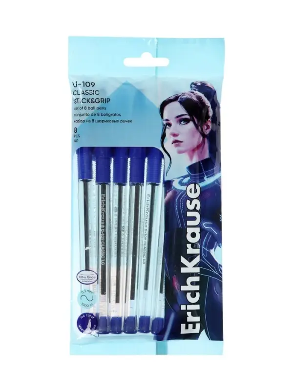 Набор ручек шариковых ErichKrause U-109 Stick Grip, Ultra Glide, 8 штук, узел 1 мм, синий