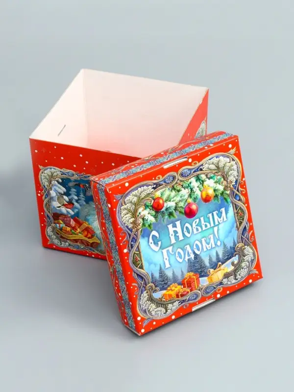 Подарочная новогодняя коробка крышка-дно с атласной лентой 17×17×17 см Подарочная новогодняя коробка крышка-дно с атласной лентой 17×17×17 см